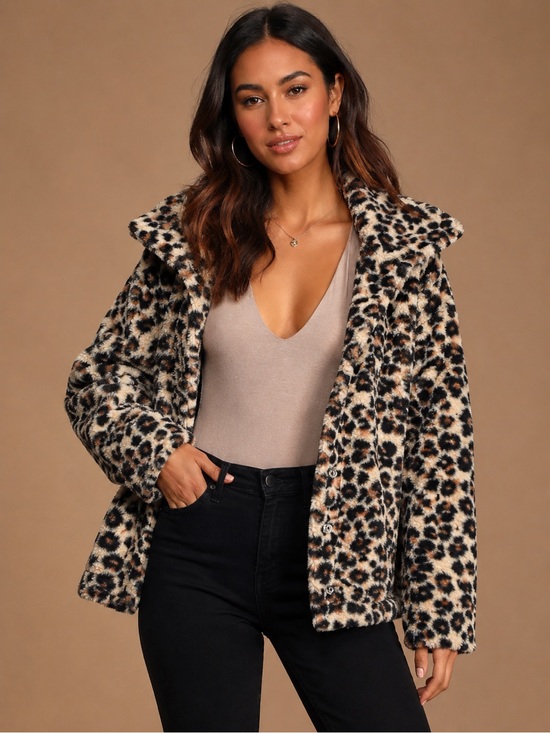 Billabong Jackets & Blazers - Billabong Leopard-Print Teddy Jacket in Black and Tan